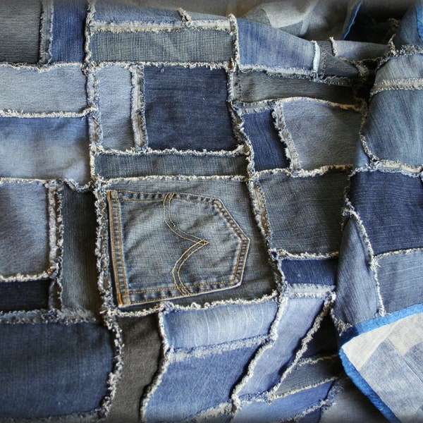 Denim Patchwork Rag Quilt made from upcycled jeans 76" x60" ,  Denim Picnic or Utility Blanket or Quilt