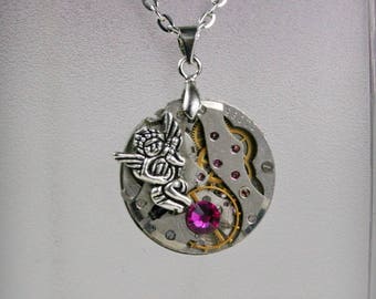 Steampunk Watch Movement Pendant, Fuchsia Crystal Necklace