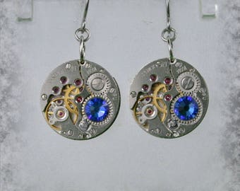 Steampunk Earrings with  Vintage Mechanical Watch Movement and chameleon  Blue   crystals , Steampunk Earrings , Clockwork Earrings