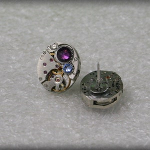 Steampunk Stud Earrings with  Mechanical Watch Movement and  Amethyst  crystals , Clockwork Earrings , Steampunk jewelry