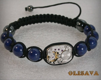 Mens  Steampunk bracelet  of  Dark blue Egyptian Lazuli Lapis Beads . watch movement  bracelet Shamballa , Clockwork Watch Movement Bracelet