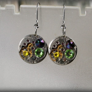 Steampunk Earrings  Vintage Mechanical Watch Movement and   crystals , Clockwork Earrings , Steampunk jewelry