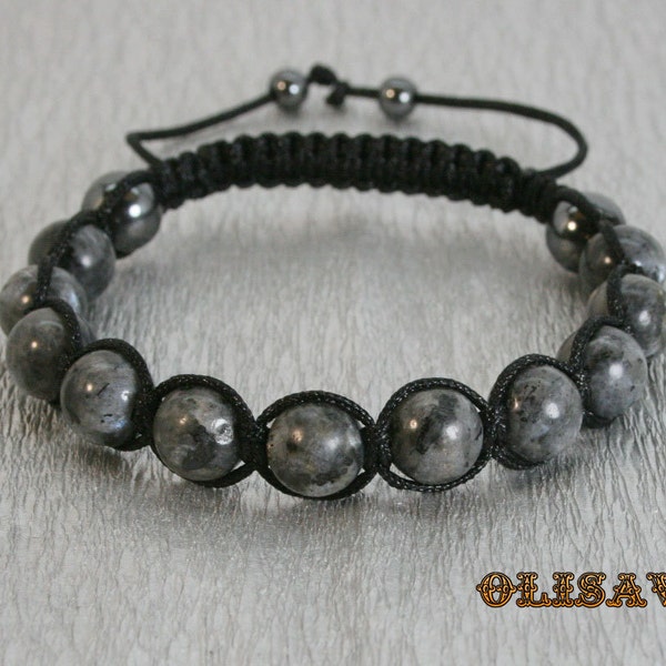 Bracelet Shamballa HOMME avec perles de labradorite noire de 10 mm , bracelet en pierre . Bracelet Shamballa , Bracelet labradorite
