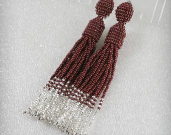 Wine brown Long Tassel Earrings ,  Tassel Clip-On Earrings Handmade Ombre earrings , Seed  Beaded Earrings , tassel earrings , Fashion Gift