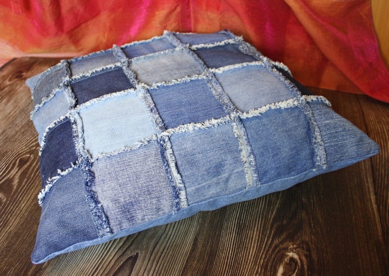 18 x 17.5 Denim Patchwork Throw pillowcase made from upcycled jeans image 2