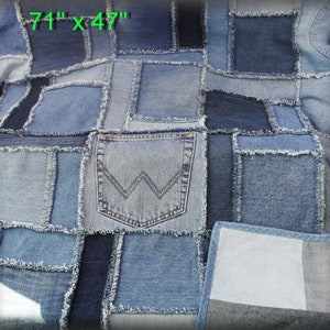 Denim Patchwork Rag Quilt made from upcycled jeans ,  Denim Picnic or Utility Blanket or Quilt