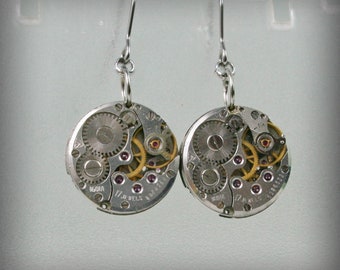 Steampunk Earrings with  Vintage Mechanical Watch Movement , Steampunk Earrings , Steampunk jewelry , Clockwork  Earrings