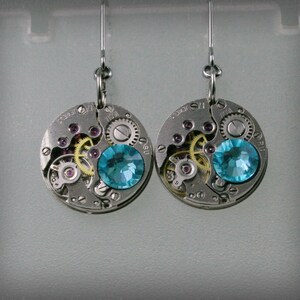 Steampunk Earrings with Light Turquoise  crystals and Vintage Mechanical Watch Movement  , Clockwork Earrings , Steampunk jewelry