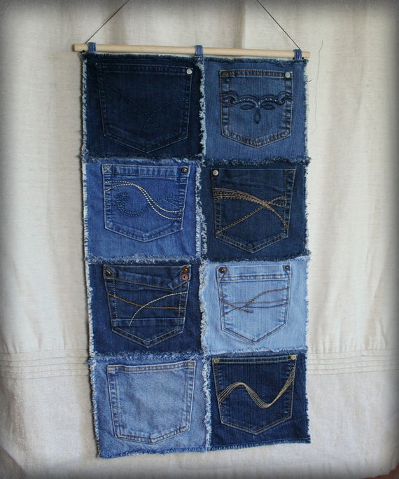 Upcycled Denim Wall Organizer with 8 Pockets, Hanging Storage Bag