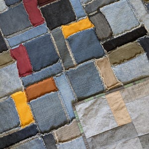Upcycled Denim Patchwork Rag Quilt, Picnic Blanket (46.5x55 Inches)