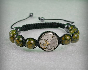 Mens  Steampunk bracelet of Green   Dragon Veins Agate Beads and vintage watch movement , bracelet Shamballa , Clockwork Bracelet