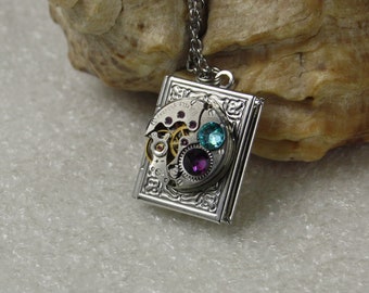 Steampunk Book pendant / locket / necklace with Amethyst and light turquoise crystal ,Steampunk jewelry,Clockwork pendant / locket /necklace