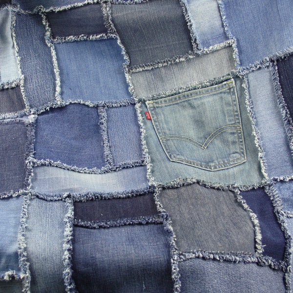 Denim Patchwork Rag Quilt made from upcycled jeans ,  Denim Picnic or Utility Blanket or Quilt