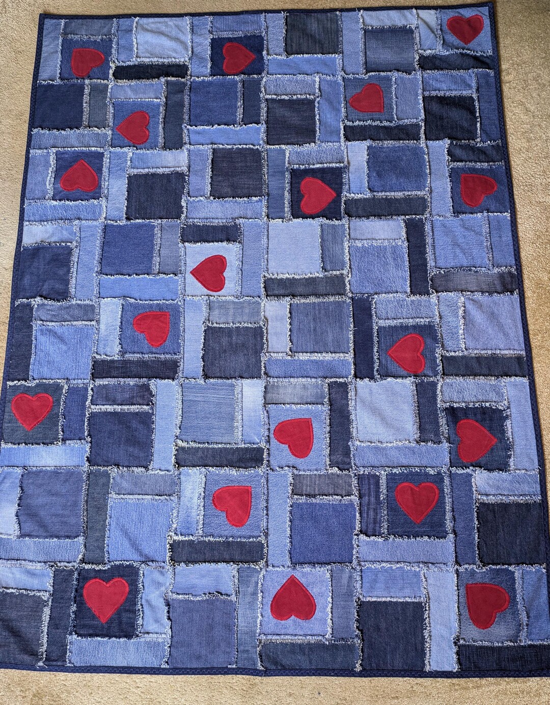 Upcycled Denim Rag Quilt, Patchwork Heart Blanket, Picnic Blanket - Etsy