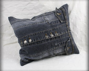 Denim Patchwork  Pillow with pillowcase made from upcycled jeans .