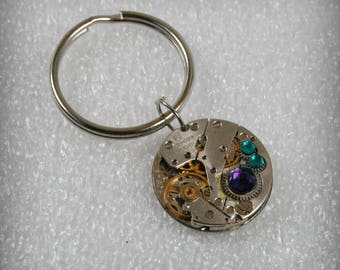 Watch Movement  Steampunk  Keychain with  crystals , Steampunk   Keychain , Clockwork Keychain