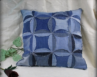 Denim Patchwork Throw Pillow made from upcycled jeans 2