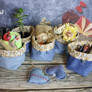 Set of 5 Storage Bag // Fabric Plant Basket // Home Organizer Bin // Entryway Organizer // Recycled Denim  // made from upcycled jeans