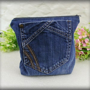 Denim Zipper Pouch //  Makeup Bag // Boho Pouch made from upcycled jeans , Cosmetic Bags// Gadget Bag// Pencil Case //