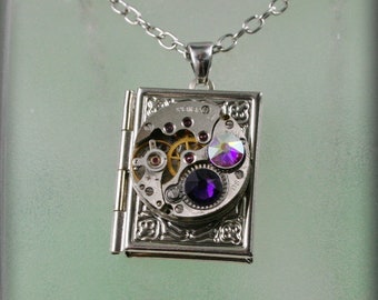 Steampunk Book  pendant /  locket /  necklace with purple , Crystal Aurore Boreale AB   crystals , Clockwork Watch Movement Pendant