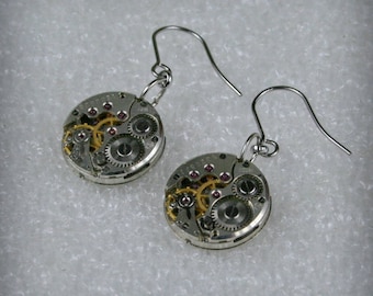 Steampunk Earrings with  Vintage Mechanical Watch Movement , Steampunk Earrings , Vintage Clockwork Watch Movement Earrings