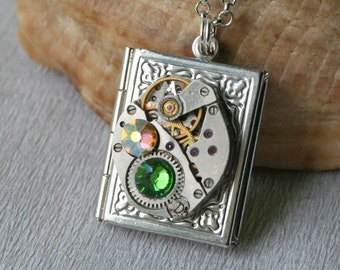 Steampunk Book  pendant /  locket /  necklace with   crystals , Steampunk jewelry , Clockwork pendant