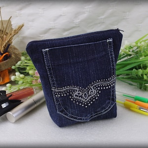 Denim Zipper Pouch //  Makeup Bag // Boho Pouch made from upcycled jeans , Cosmetic Bags// Gadget Bag// Pencil Case //