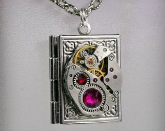 Steampunk Book  pendant /  locket /  necklace with  Ruby  crystals , Steampunk jewelry , Clockwork pendant /  locket /  necklace