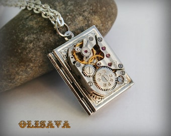 Steampunk  jewelry . Steampunk Book  pendant /  locket /  necklace , Steampunk jewelry , Clockwork Watch Movement Pendant