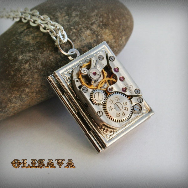 Steampunk  jewelry . Steampunk Book  pendant /  locket /  necklace , Steampunk jewelry , Clockwork Watch Movement Pendant