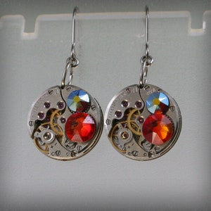Steampunk Earrings  Vintage Mechanical Watch Movement and  Fireopal , Siam Aurore Boreale  crystals , Steampunk  Clockwork Earrings