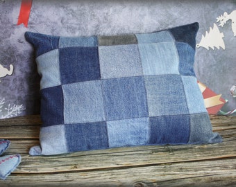 14.5" x 18.5" Denim Patchwork Throw pillowcase made from upcycled jeans