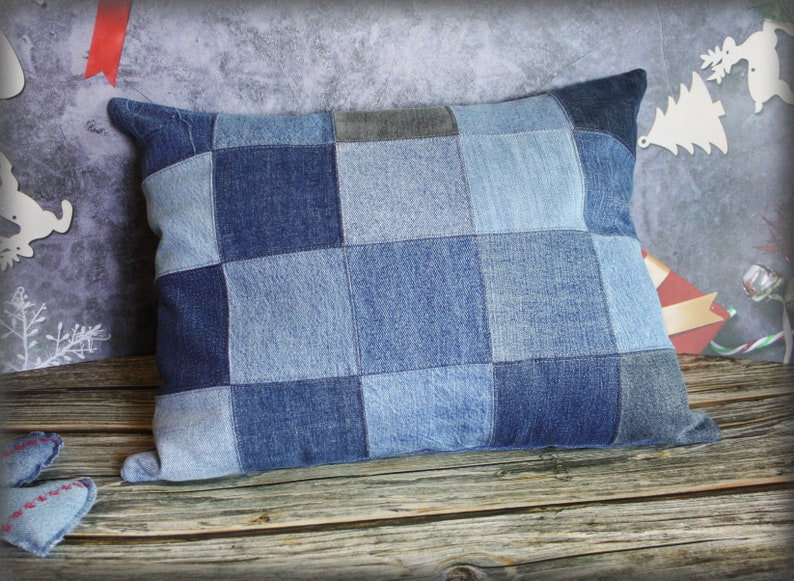 14.5 x 18.5 Denim Patchwork Throw pillowcase made from upcycled jeans image 1