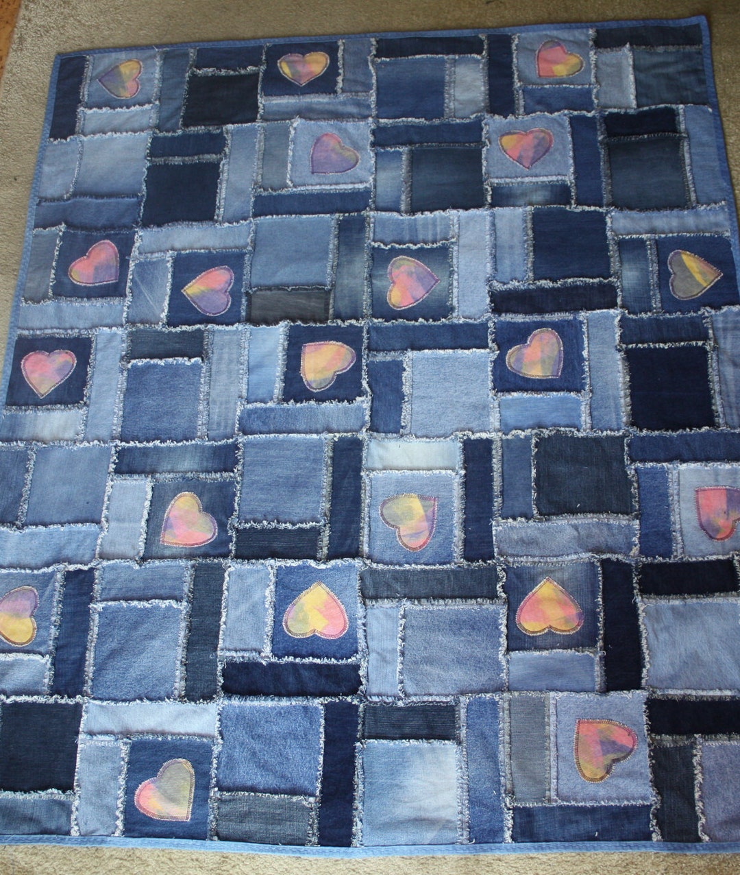 Denim Patchwork Heart Rag Quilt Made From Upcycled Jeans , Denim Picnic