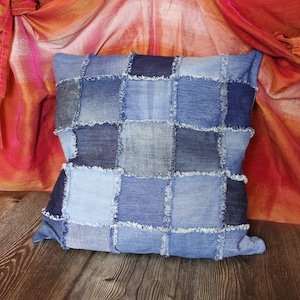 18 x 17.5 Denim Patchwork Throw pillowcase made from upcycled jeans image 1