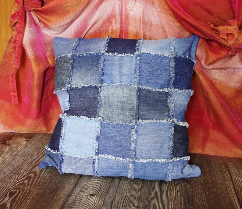 18 x 17.5 Denim Patchwork Throw pillowcase made from upcycled jeans image 1