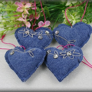 Set of 4 Recycled Denim Christmas Ornaments // Christmas Decorations // Christmas Decor // Denim Christmas decoration Heart , Christmas Gift