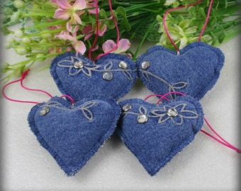 Set of 4 Recycled Denim Christmas Ornaments // Christmas Decorations // Christmas Decor // Denim Christmas decoration Heart , Christmas Gift