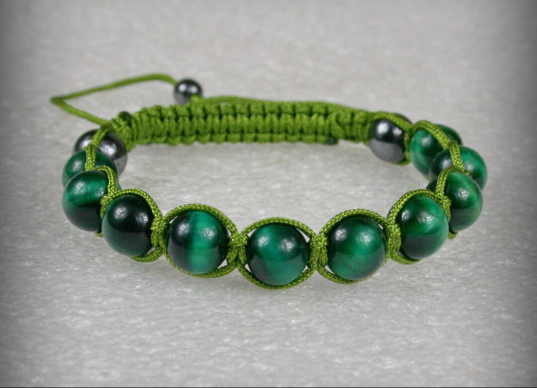 Handmade Shamballa Bracelet With 10 Mm Green Tiger Eye Beads Etsy