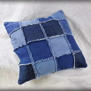 Denim Patchwork Throw Pillow made from upcycled jeans