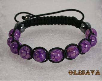 Beautiful handmade women's Shamballa bracelet  with 10 mm Purple Dragon Veins Agate beads  with black  cord , stone bracelet  Gift