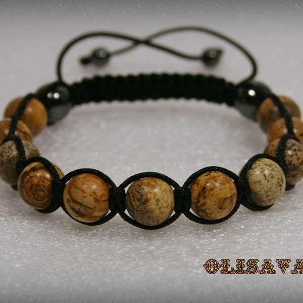 Beautiful handmade MEN Shamballa Bracelet with 10 mm Picture Jasper Gemstone   beads , stone bracelet