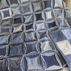 Op de afbeelding: Een patchwork quilt gemaakt van denim in verschillende blauwtinten. Het ontwerp heeft een herhalend patroon van vierkanten en cirkels, met gerafelde randen. Het kleurenpalet omvat lichte, medium en donkere blauwtinten, wat een textuurrijk ontwerp creëert.