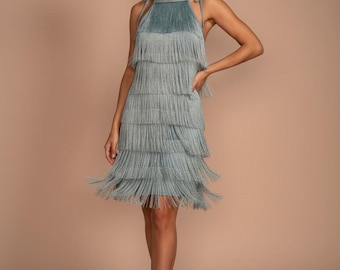 Blue Fringe backless dress