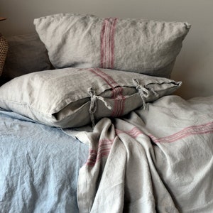 Grainsack heavyweight Linen Pillowcase with Red Stripe, Vintage style. All sizes available.