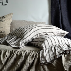 Vintage Black Ticking linen pillow cases with long ruffle, a set of 2. Mermaid style pillow shams