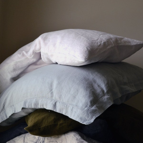 Light grey hemstitched stonewashed linen pillowcase in Euro size.