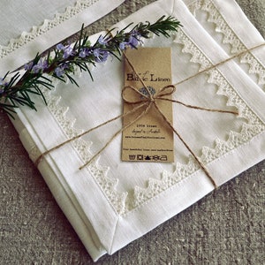 Linen Napkins Set of 7 in White with Linen Lace. Rustic Inspired Tablewares. image 4