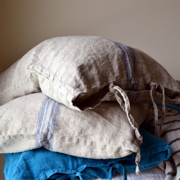 Blue Stripe Vintage Grainsack Heavy Weight Linen Pillowcase- Standard, Euro and King sizes