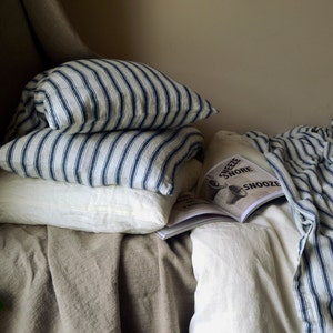 French Navy Ticking heavyweight linen pillowcase. Vintage Classic. French vintage inspired bedding